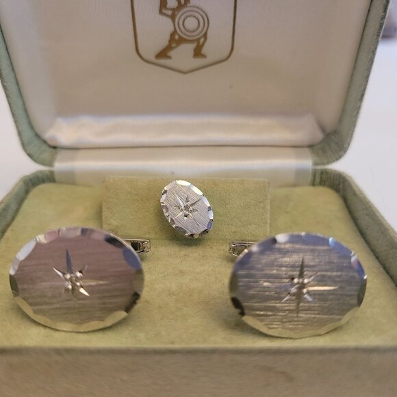 Vintage Mens Silver Cufflinks & Tie Tack Set MCM Starburst Design Atomic Star - Picture 2 of 3